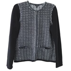 Talbots Pure Italian Merino Wool Zip Up Cardigan Sweater Medium Black White